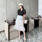 Double Breasted Puff-sleeve Blouse / Pleated A-line Midi Skirt