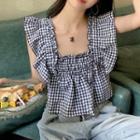 Sleeveless Check Frill Trim Top Black - One Size