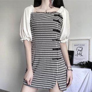 Elbow-sleeve Paneled Plaid Mini Sheath Dress