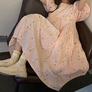 Floral Embroidered Bow-back Short-sleeve Midi Dress