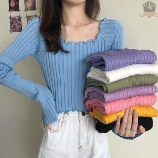 Long-sleeve Lettuce Edge Knit Crop Top