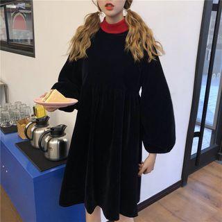 Puff-sleeve Mock-neck A-line Dress Black - One Size