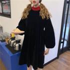 Puff-sleeve Mock-neck A-line Dress Black - One Size