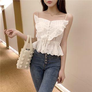Ruffle Trim Panel Beaded Sleeveless Top As Shown In Figure - One Size