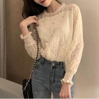 Plain Mesh Panel Lace Top Almond - One Size
