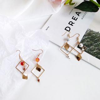 Non-matching Bead Alloy Square Dangle Earring