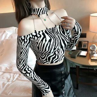 Long-sleeve Off-shoulder Animal Printed Halter Chain Strap Cropped Top