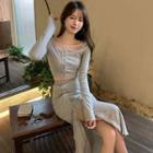 Set: Long-sleeve Button-up T-shirt + Midi Skirt