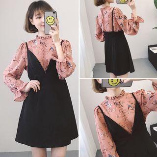 Set: Floral Print Chiffon Blouse + Strappy A-line Dress