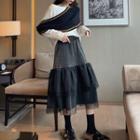 Color Block Sweater / Layered Midi Skirt