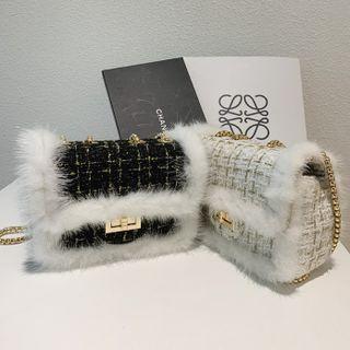 Faux-fur Trim Tweed Shoulder Bag
