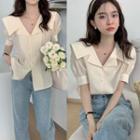 Short-sleeve Plain Collared Blouse Almond - One Size