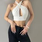 Halter-neck Plain Open-back Cutout Crop Top