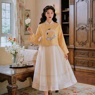 Midi A-line Mesh Dress / Long-sleeve Mandarin Collar Top / Set