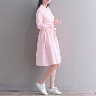 Long-sleeve Floral Embroidered Linen Blend A-line Shirtdress