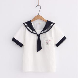 Short-sleeve Sailor Collar Cartoon Print Top