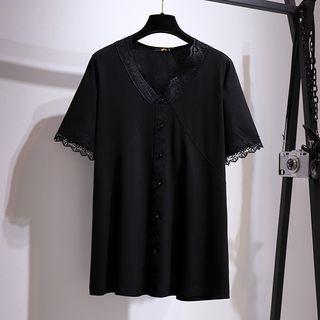 Short Sleeve V-neck Lace Trim T-shirt