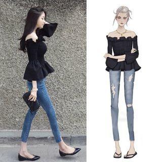 Off-shoulder Bell-sleeve Peplum Blouse Black - One Size