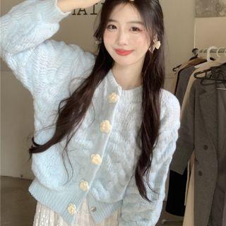 Floral-button Cardigan Light Blue - One Size