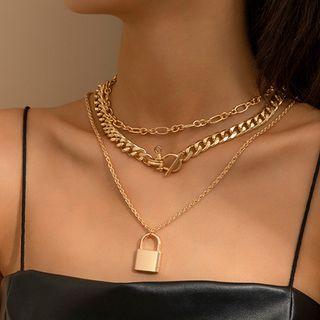 Set Of 3 : Alloy Choker + Chunky Alloy Choker + Lock Pendant Alloy Necklace