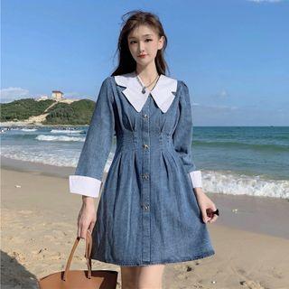 Contrast Collar Denim Mini A-line Shirtdress