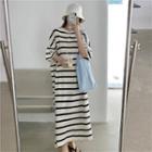 Striped Short-sleeve Slit Midi T-shirt Dress Stripes - Black & White - One Size