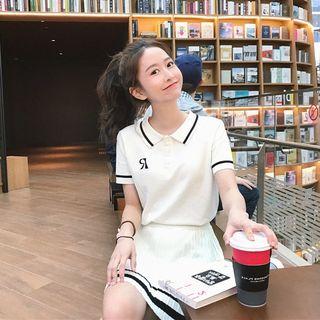 Set: Short-sleeve Knit Polo Shirt + Mini A-line Skirt