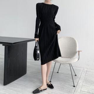 Long-sleeve Ribbed Midi A-line Dress Black - One Size