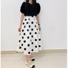 Plain Puff Sleeve Top / Dotted A-line Midi Skirt