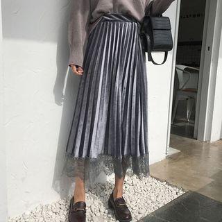 Tie-waist Pleated Panel Lace Maxi Skirt
