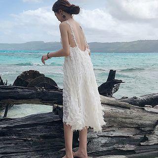 Spaghetti Strap Open-back Midi Fringed Sundress