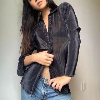 Long Sleeve Ruched See-through Shirt