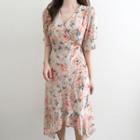 Short-sleeve Floral Asymmetric A-line Midi Dress