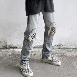 Distressed Checkerboard Patch Loose Fit Jeans