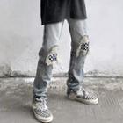 Distressed Checkerboard Patch Loose Fit Jeans
