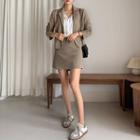 Set: Houndstooth Blazer + Band-waist Mini Skirt Beige - One Size