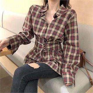 Lace-up Waist Plaid Shirt Brown - One Size