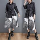 3/4-sleeve Print Midi A-line Shirtdress