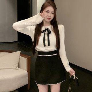 Collared Ribbon Knit Top / Mini A-line Skirt