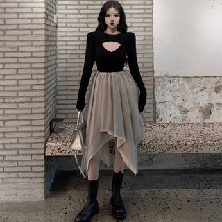 Asymmetric Mesh Panel Dress