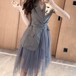 Cap-sleeve Mesh Panel Midi A-line Dress