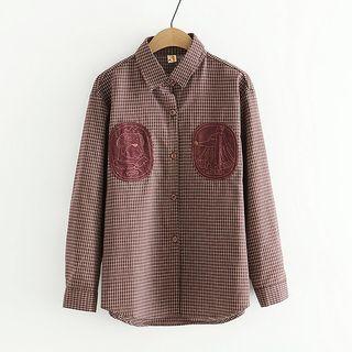 Dog Applique Loose-fit Gingham Blouse Coffee - One Size