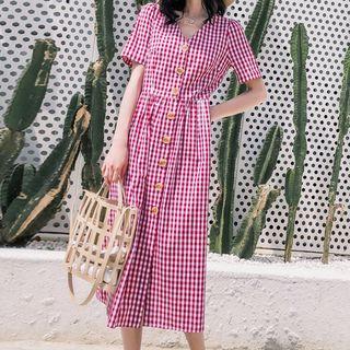 Gingham V-neck Short-sleeve Midi Shirtdress