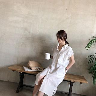 Cap-sleeve Linen Midi Shirtdress