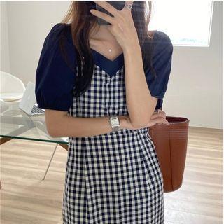 Short-sleeve Plaid A-line Dress Navy Blue - One Size