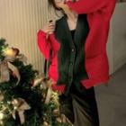 V-neck Two-tone Cardigan Red - One Size