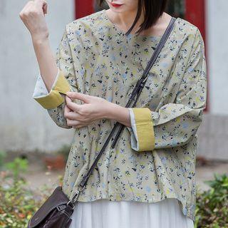 Long Sleeve Floral Print Top Grayish Green - One Size
