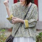 Long Sleeve Floral Print Top Grayish Green - One Size