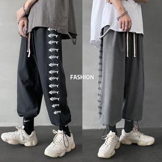 Fish Print Drawstring-cuff Cropped Harem Pants
