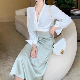 Long-sleeve Twisted Blouse / High-waist Plain Midi Skirt